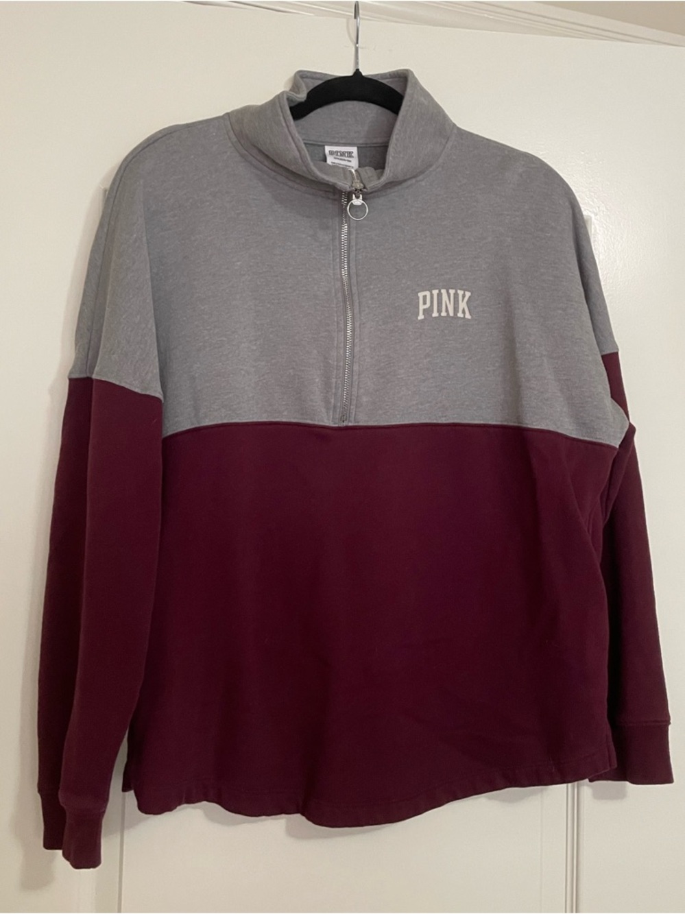Victoria’s Secret Pink Half Zip Pullover Size Small Gray and Maroon Fleece